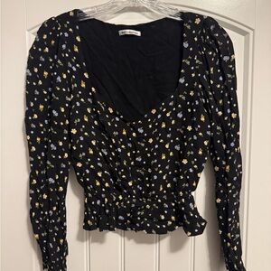 Reformation Black Floral Long Sleeve Blouse